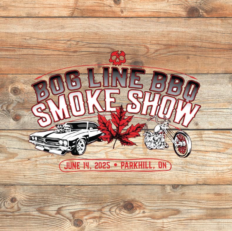 Bog Line BBQ Smoke Show artwork: hot rod, motorcycle and maple leaf, June 14, 2025, Parkhill, ON